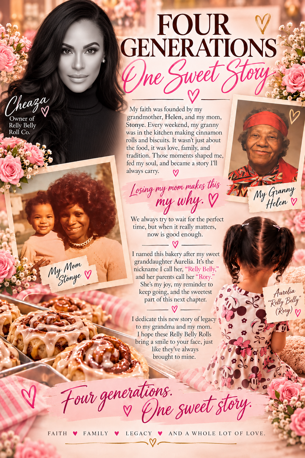 Four generations of the Relly Belly family, from Granny Helen and Mom Stonye to the founder and granddaughter Aurelia, alongside cinnamon rolls and the Relly Belly logo